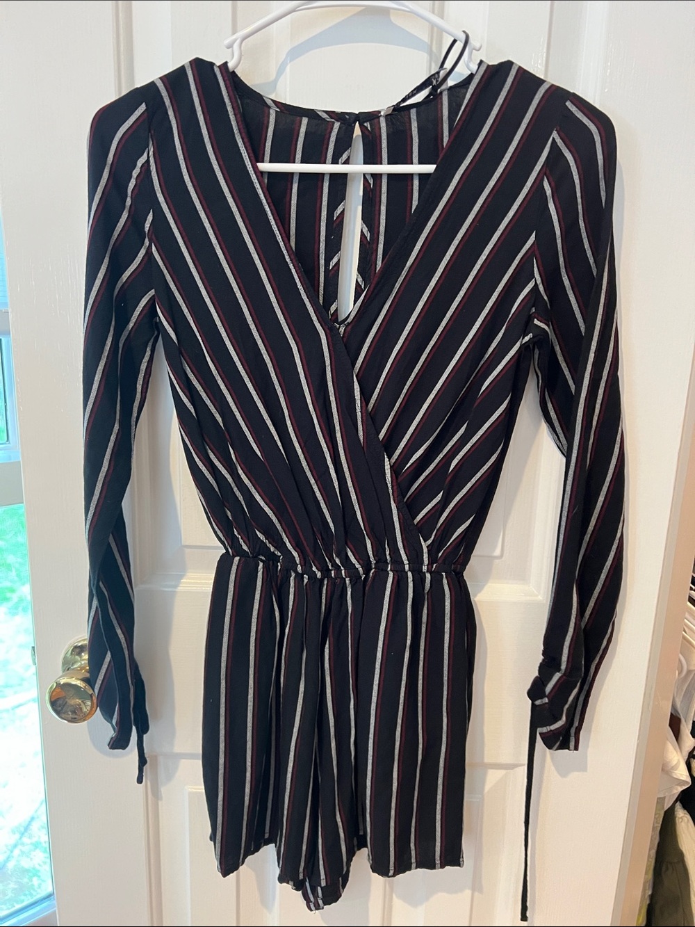 Hollister Black Romper with White and Burgundy Stripes
